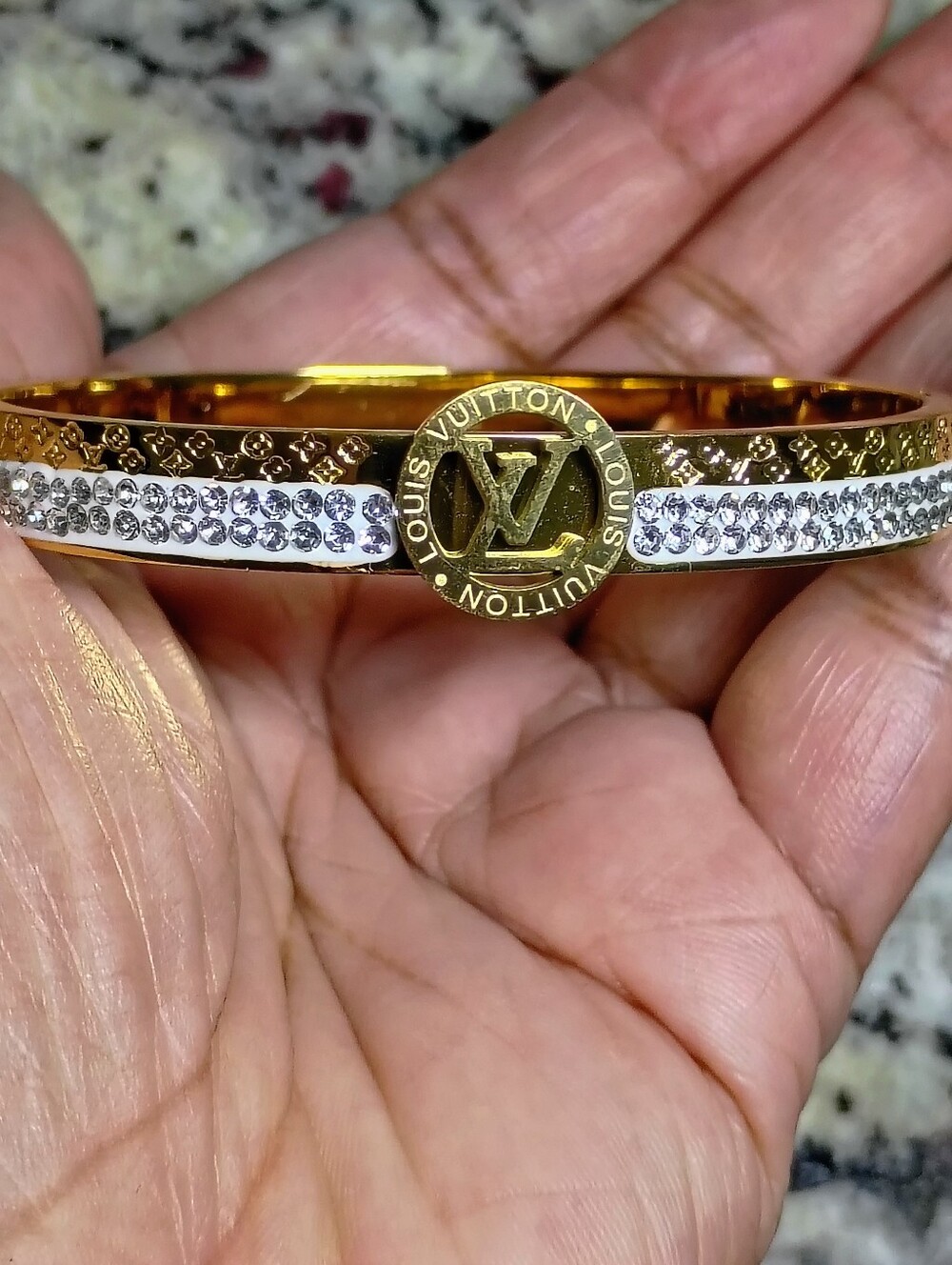 New Gold Tone and White Emblem Bangle